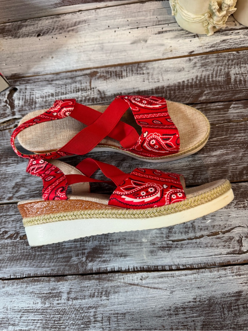 Red Paisley Espadrille Platform Sandals for Women